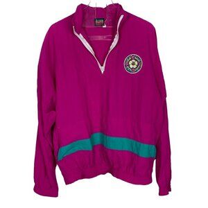 Vintage 90s Cyrk Windbreaker Anorak Jacket Medium Hot Pink Soccer Patch 1/4 Zip